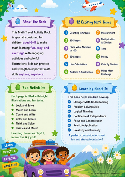 Math Travel Activity Book for Kids Ages 6–8 | Fun Learning Workbook with 12 Math Topics